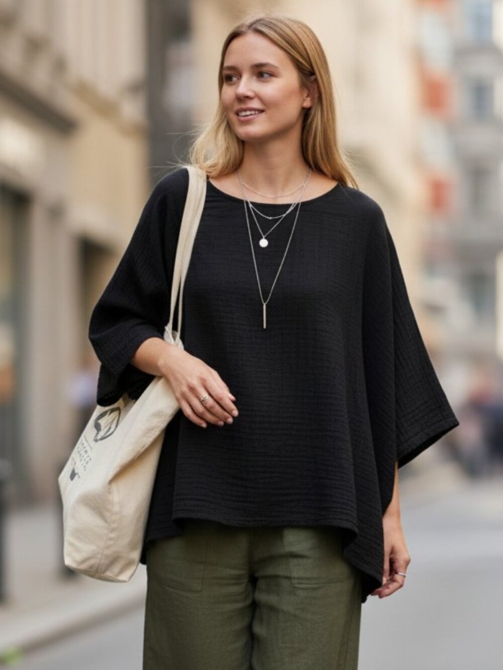 STARKx Oversized Cotton Gauze Boxy Flowy Minimalist Top Black Boho Lagenlook OS